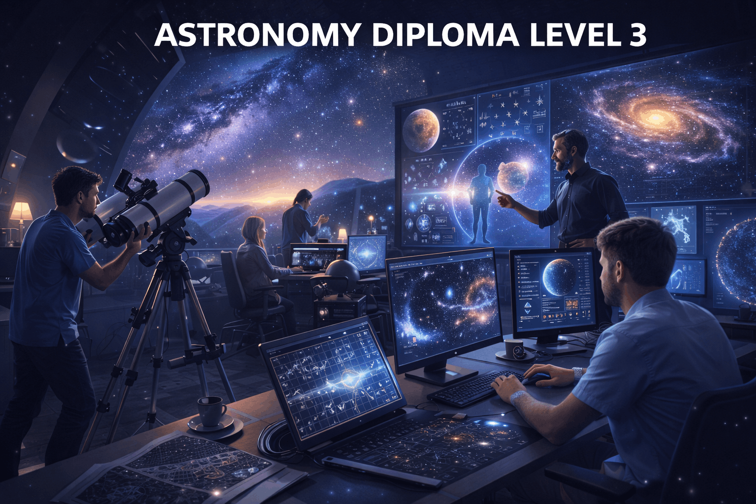 Astronomy Diploma Level 3 showing students observing galaxies, stars, and planets using telescopes and astronomical software