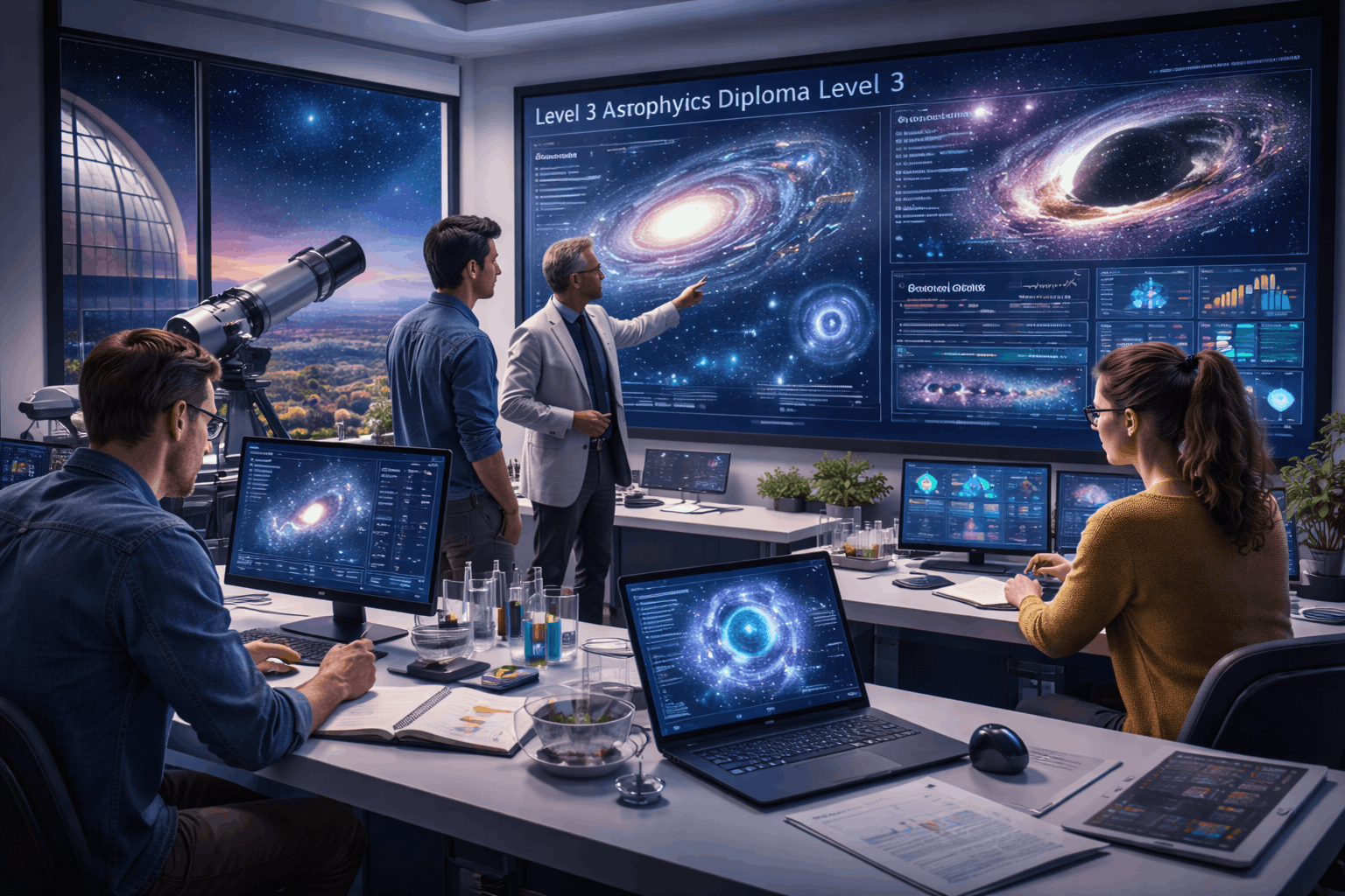 Professional astrophysics diploma Level 3 training showing galaxies, telescopes and cosmic research