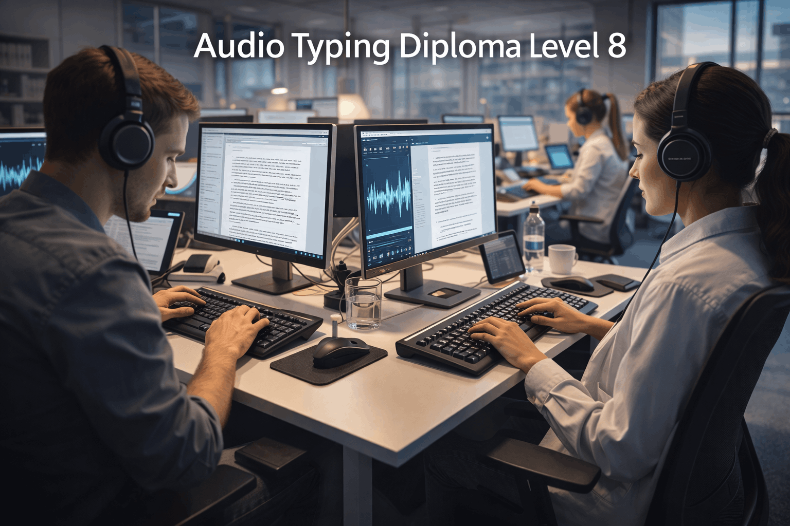 Audio typing diploma students transcribing audio using headphones, transcription software and professional keyboards