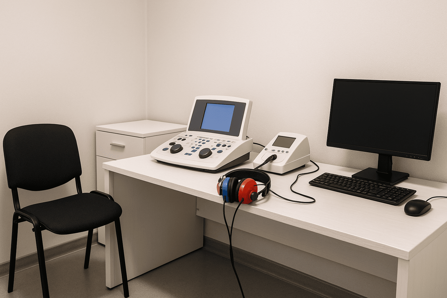 A modern clinical setup with hearing assessment tools representing an audiology course.