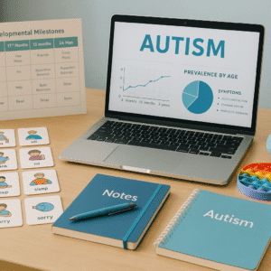 Professional autism advanced diploma setup with learning materials, visual communication tools, and a supportive training environment.