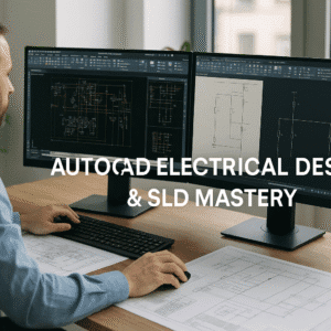 Electrical engineer using AutoCAD Electrical software for design and SLD mastery in a modern workspace