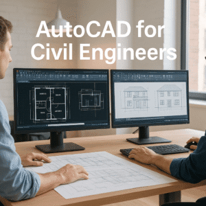 AutoCAD for Civil Engineers training showing building design and 2BHK house plan drawings on computer screens.