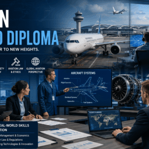 Aviation Advanced Diploma students studying aircraft systems and airport operations in a modern aviation setting