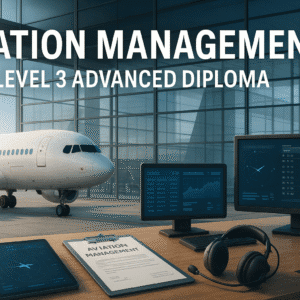 Modern aviation management diploma scene with aircraft, airport terminal and control tools.