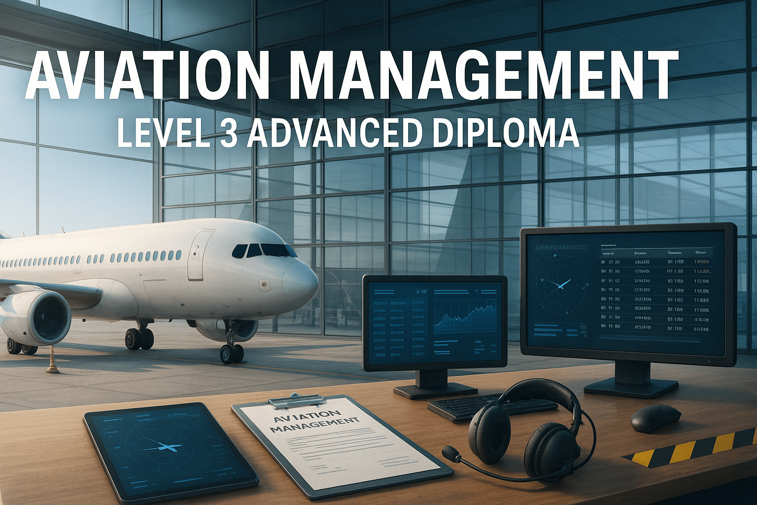 Modern aviation management diploma scene with aircraft, airport terminal and control tools.