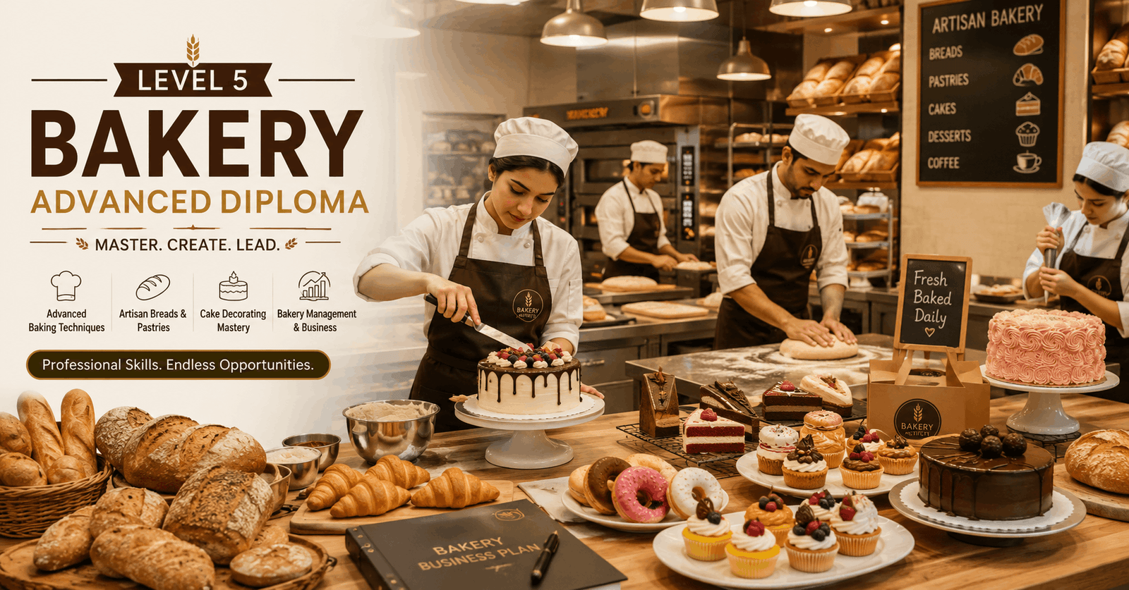 Students practising artisan baking in a Bakery Advanced Diploma professional kitchen classroom