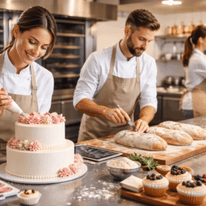 Bakery training diploma showing professional bakers preparing artisan bread, pastries, and decorated cakes in a modern bakery