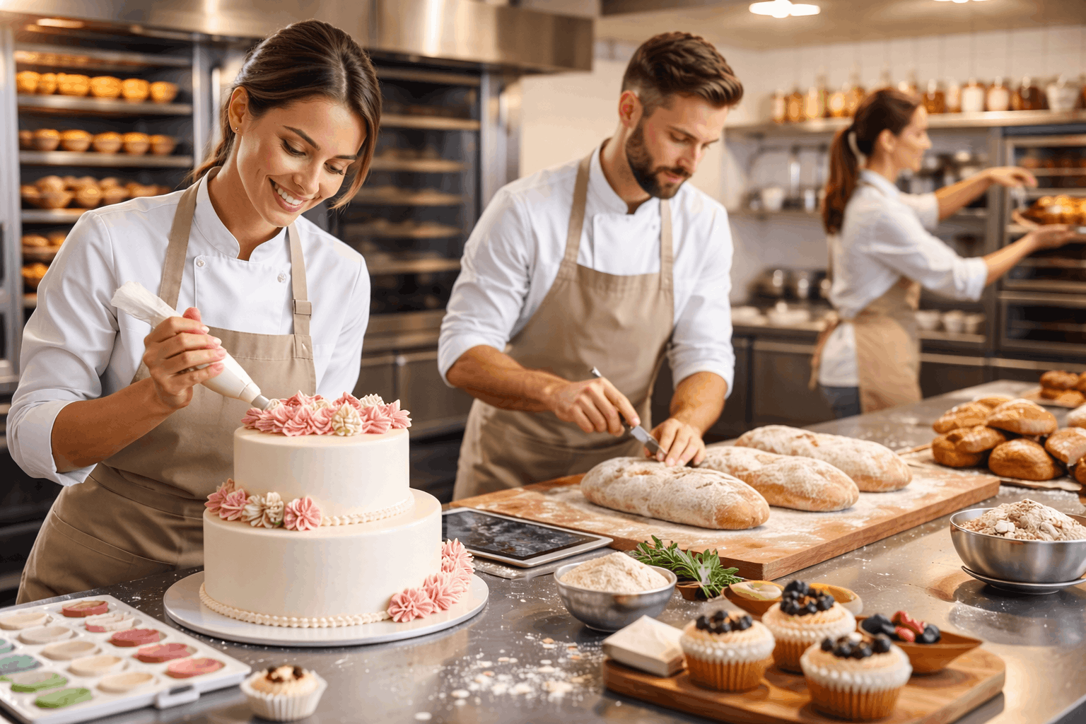 Bakery training diploma showing professional bakers preparing artisan bread, pastries, and decorated cakes in a modern bakery