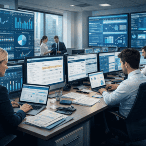 Modern UK banking office showing professionals working on financial data and compliance systems for banking diploma students