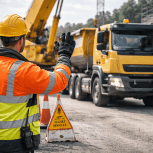 Professional banksman guiding heavy vehicle movements on a UK industrial site for a banksman training diploma.
