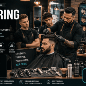 Professional barber performing advanced haircut and beard styling during a barbering diploma course