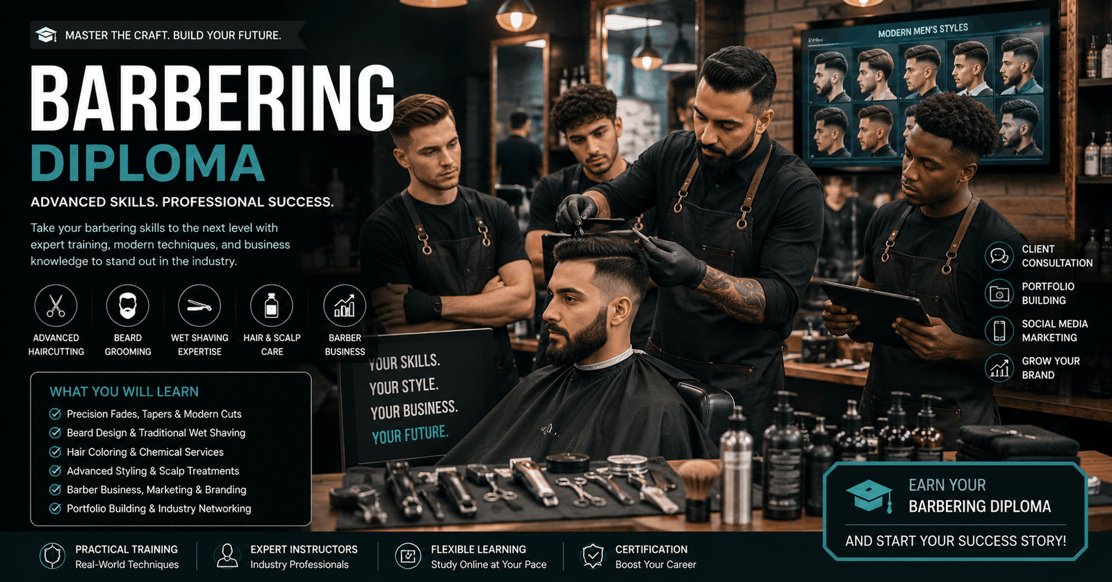 Professional barber performing advanced haircut and beard styling during a barbering diploma course