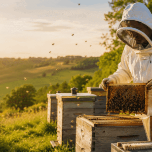 Professional beekeeper managing hives in a Beekeeping Advanced Diploma training environment