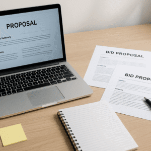 Professional bid writing course image showing laptop, proposal documents, notes, and a pen on a clean workplace.