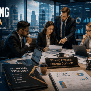 Business professionals preparing tender proposals in a Bid Writing Diploma training environment