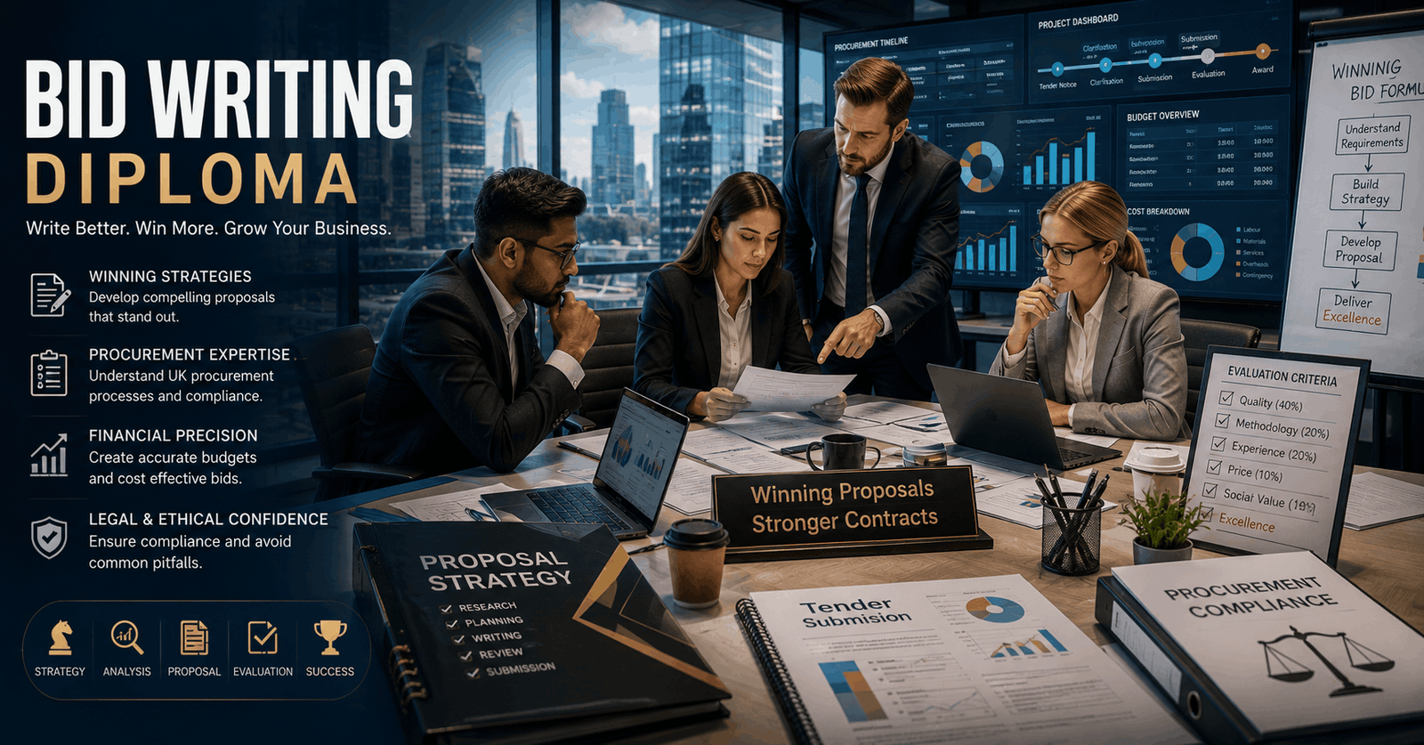 Business professionals preparing tender proposals in a Bid Writing Diploma training environment