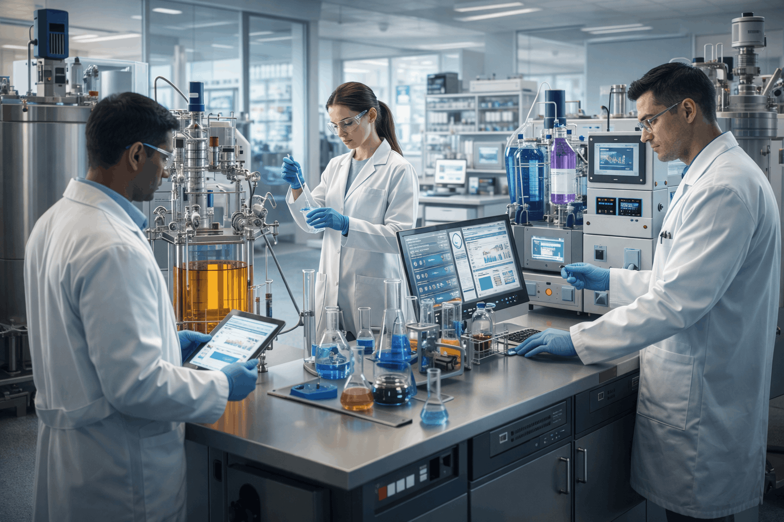 Biochemical engineering diploma Level 3 showing bioreactors, laboratory experiments, biotechnology processes, and industrial applications