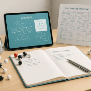Biochemistry diploma study scene with lab glassware, molecular models, and scientific notes on a clean modern workspace.