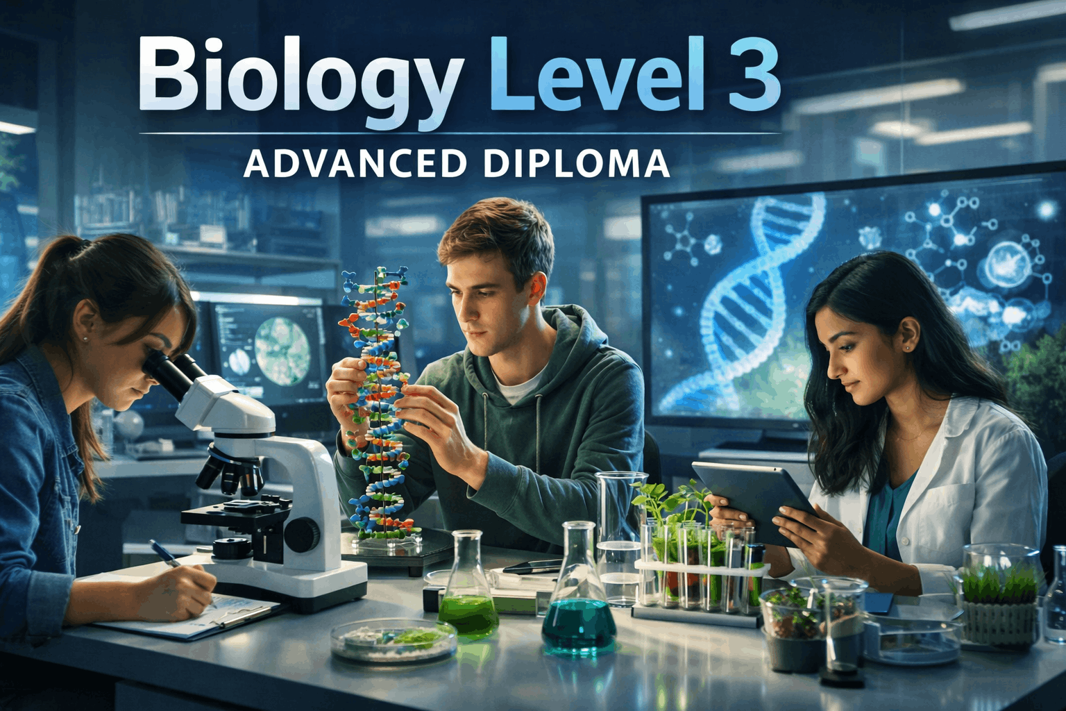 Students studying cells, DNA and ecosystems in a Biology Level 3 advanced diploma course in a modern science learning environment