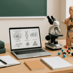 Biology teacher diploma workspace with teaching tools and modern classroom elements