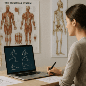 A student analysing human movement models with anatomical diagrams, representing a biomechanics course at Level 3.