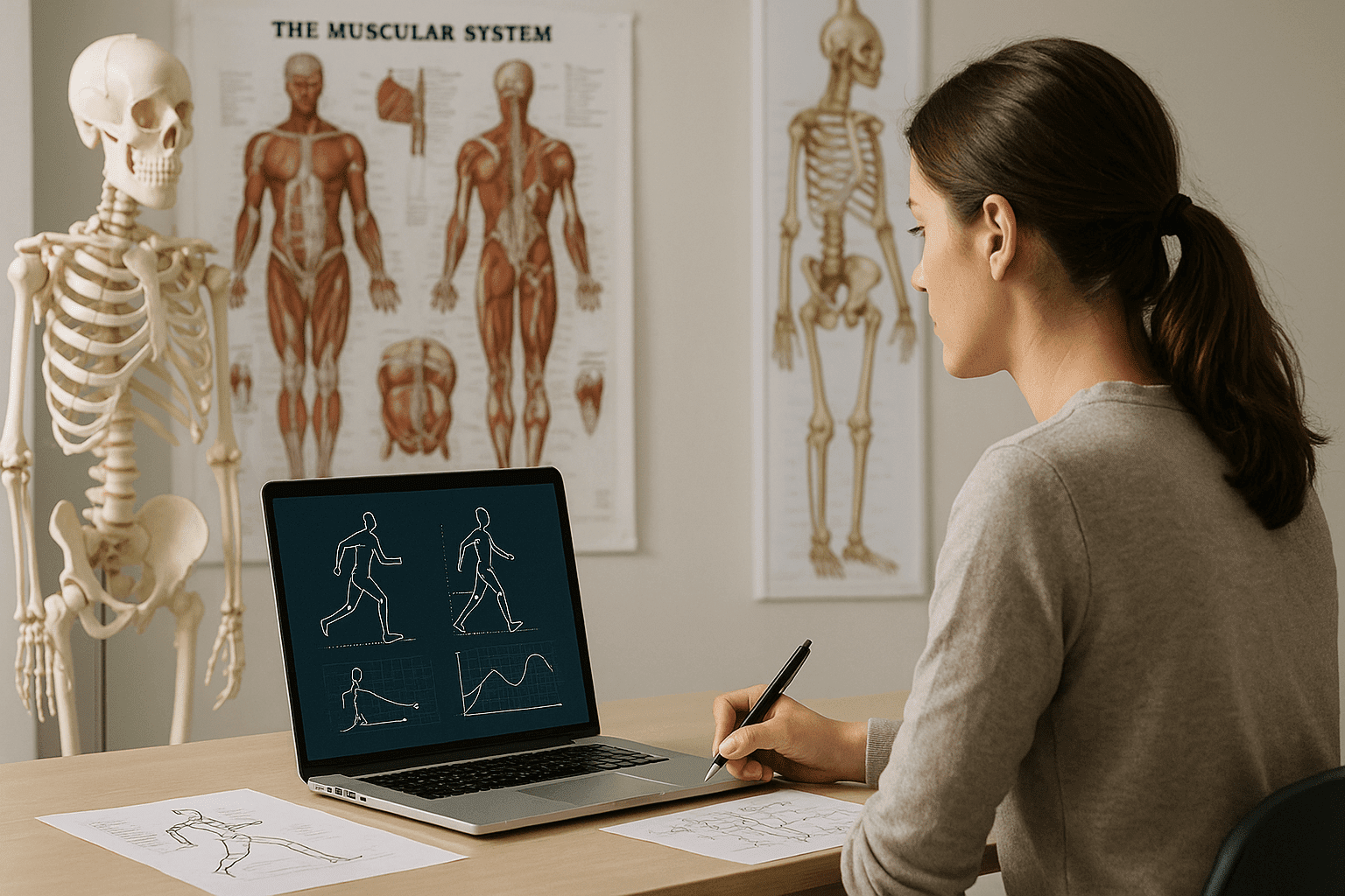 A student analysing human movement models with anatomical diagrams, representing a biomechanics course at Level 3.