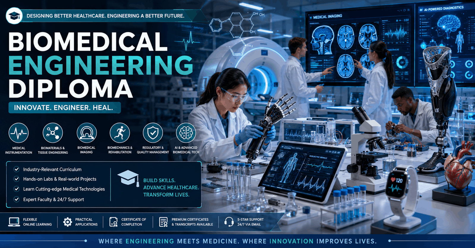 Students using medical technology in Biomedical Engineering Diploma online course