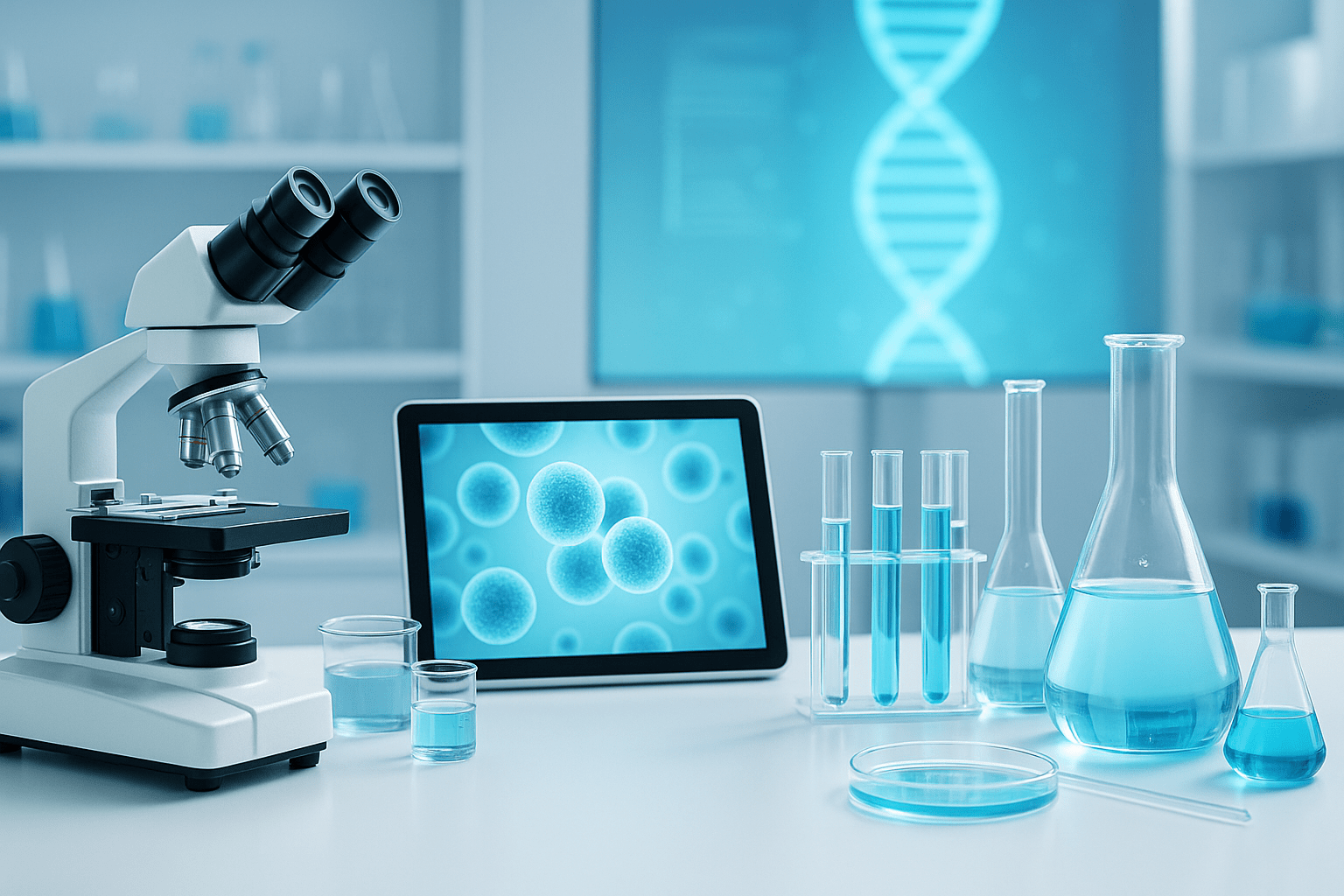 Modern biomedical science course lab setup with microscope, glassware, DNA graphics and research equipment.