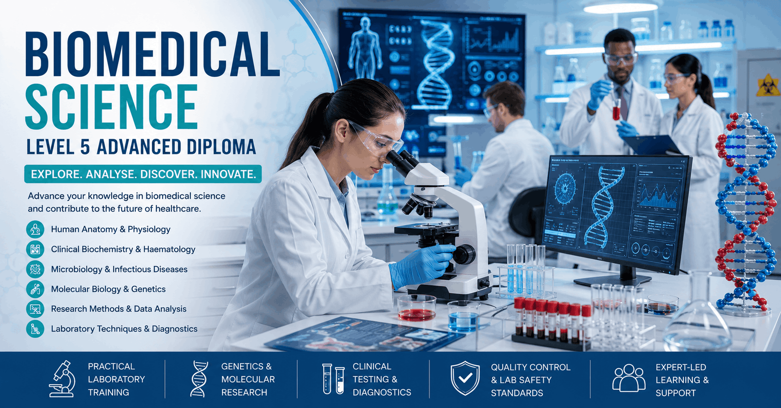Biomedical Science Diploma students conducting laboratory research and analysing medical samples in a modern lab