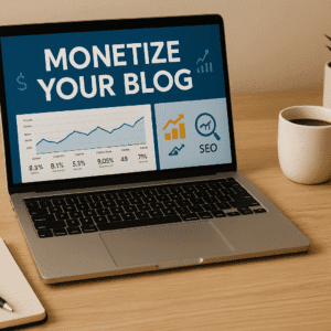 A modern workspace with laptop, analytics dashboard and blogging tools showcasing blog monetization concepts.