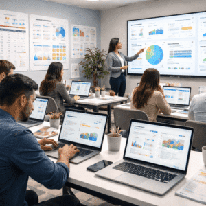 Students learning Blogging For Profit by writing content, tracking traffic and managing income streams on digital dashboards