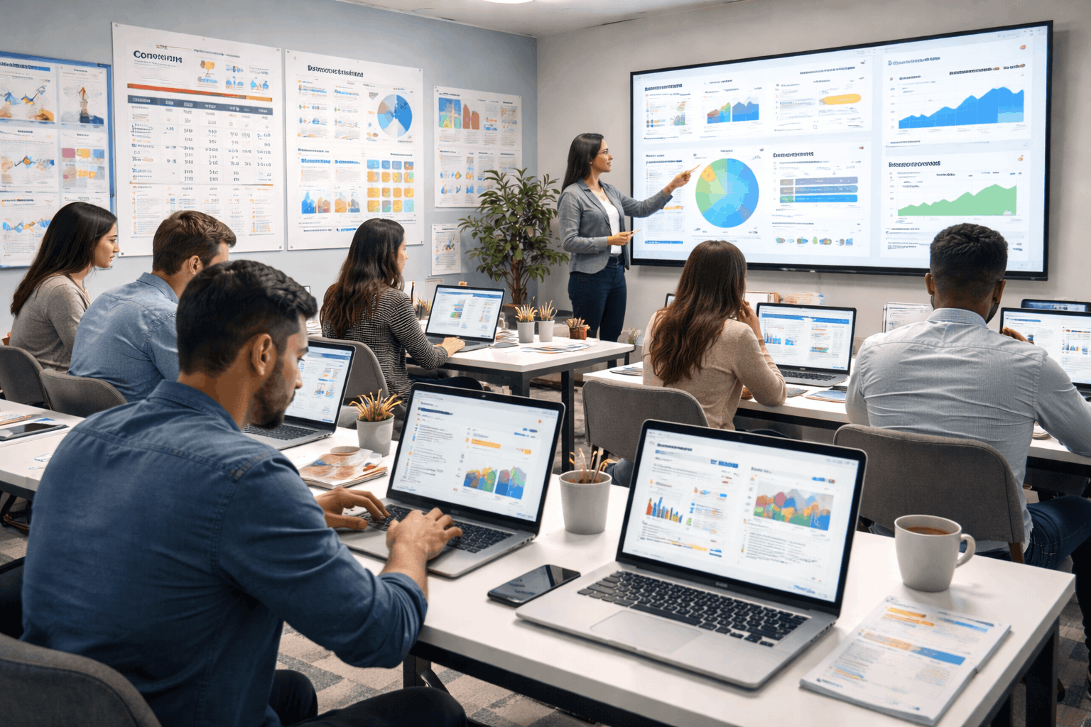 Students learning Blogging For Profit by writing content, tracking traffic and managing income streams on digital dashboards