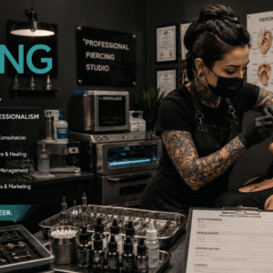 Professional piercer performing advanced procedures in a Body Piercing Diploma training studio