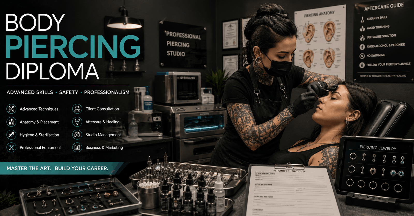 Professional piercer performing advanced procedures in a Body Piercing Diploma training studio