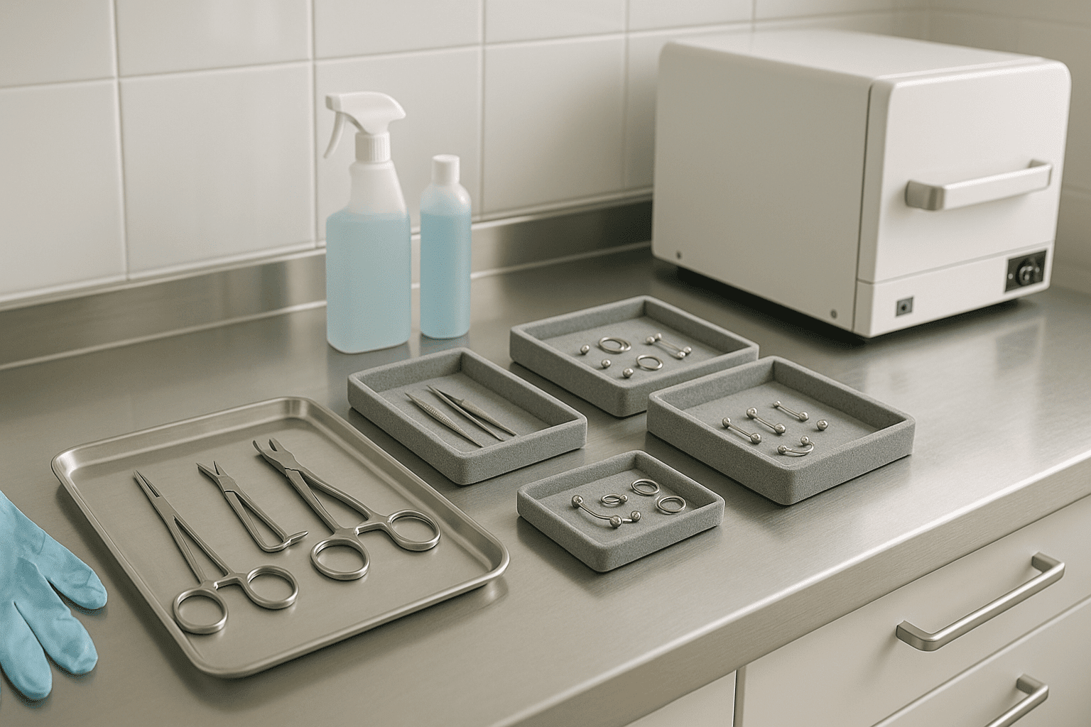 Body piercing training setup with tools, gloves, jewellery, steriliser and clean professional workspace.