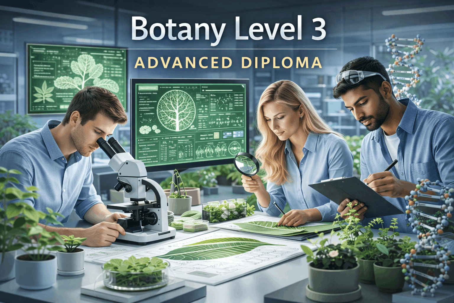 Students examining plant samples, leaves and microscopes in a Botany Level 3 advanced diploma learning environment