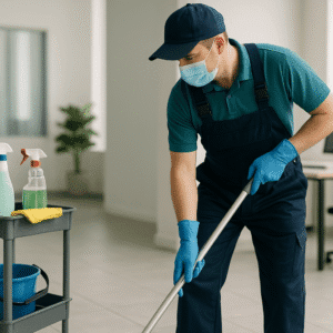 Modern cleaning tools and a cleaner working in a UK setting for a british cleaning certificate course.