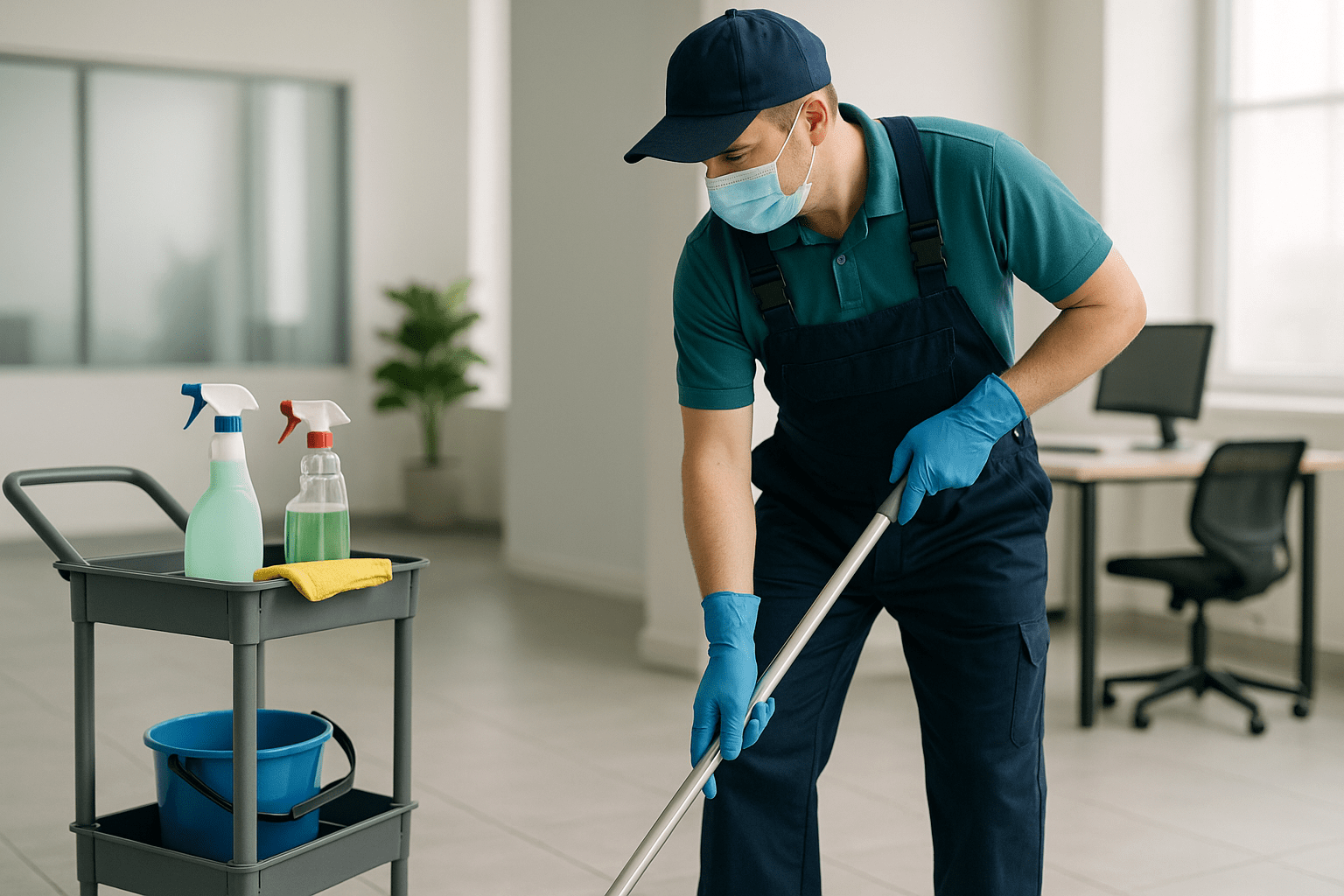 Modern cleaning tools and a cleaner working in a UK setting for a british cleaning certificate course.