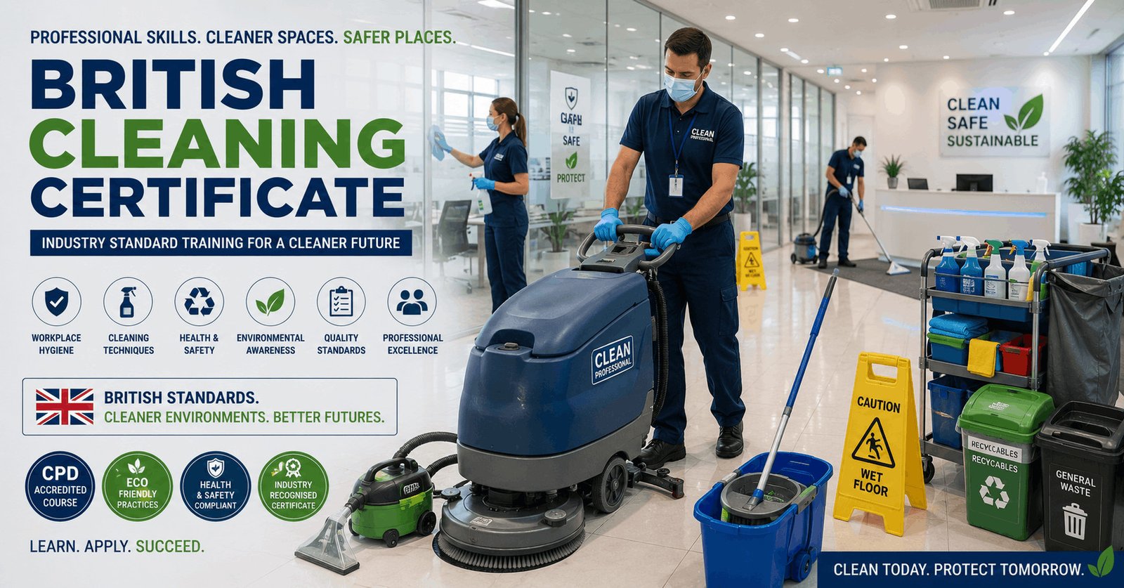 Professional cleaner using commercial cleaning equipment during British Cleaning Certificate training.