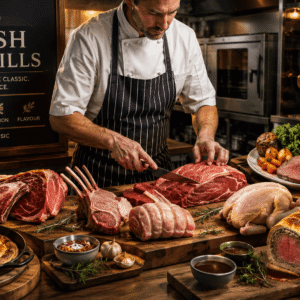 Chef preparing British meat cuts with traditional UK dishes in a professional kitchen during British Meat Skills training