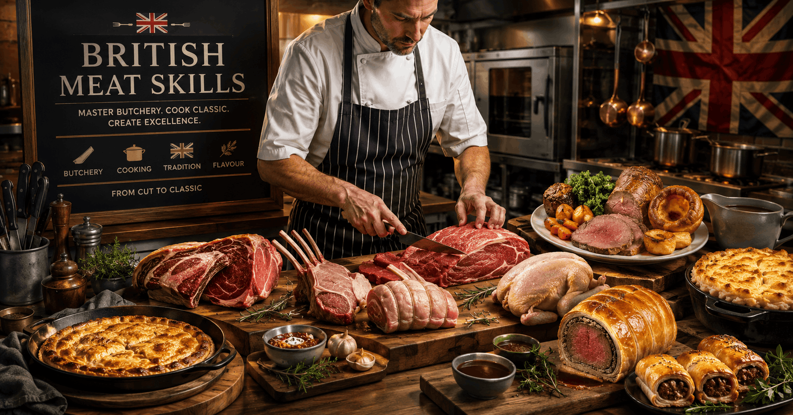 Chef preparing British meat cuts with traditional UK dishes in a professional kitchen during British Meat Skills training