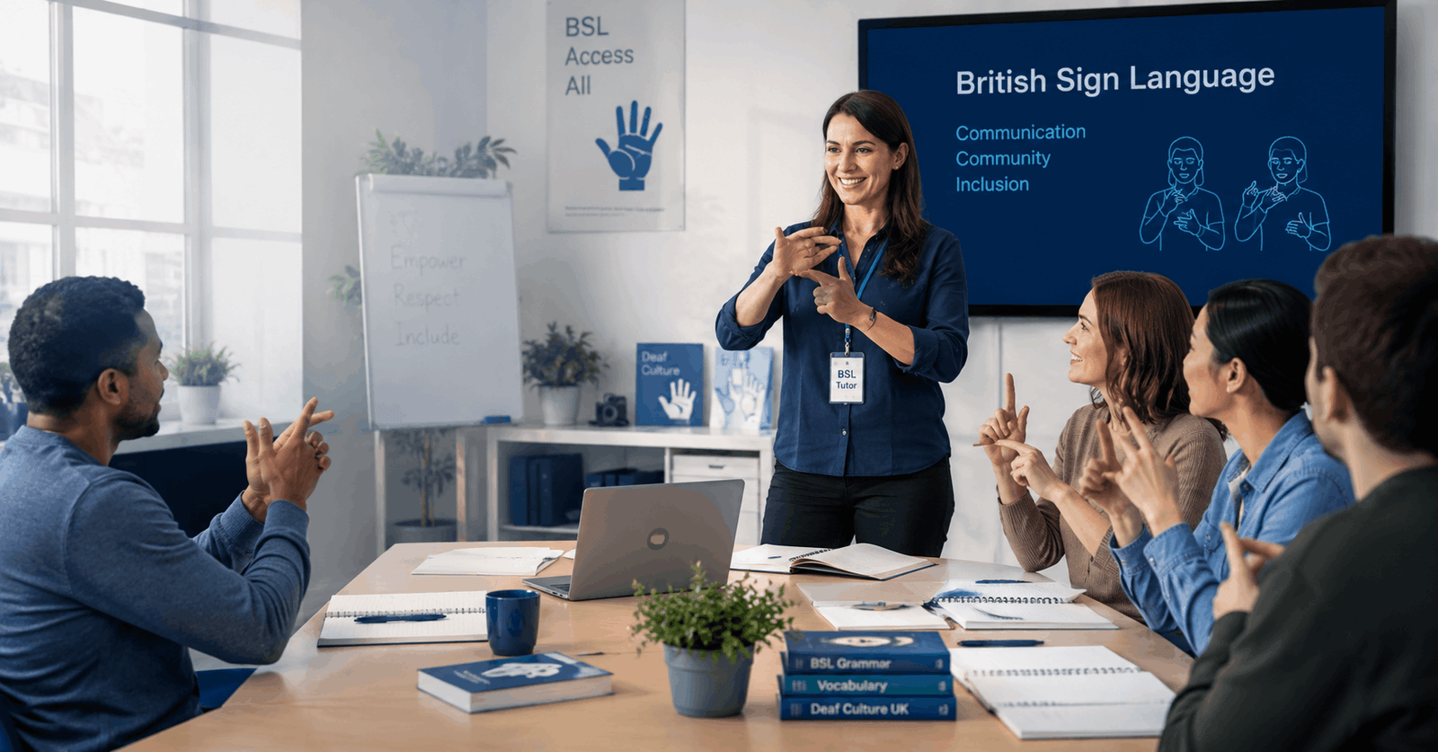 Students practising sign language in a professional BSL Level 3 learning environment