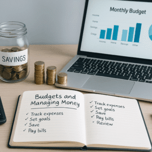 Budgeting and money management course image showing UK finances, savings, budgeting tools, and planning visuals.