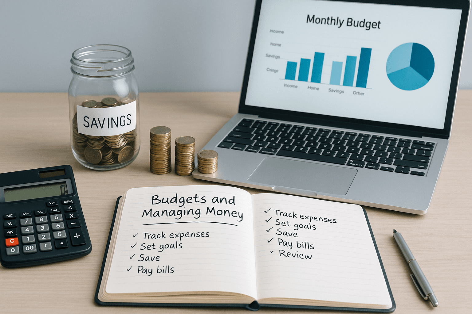 Budgeting and money management course image showing UK finances, savings, budgeting tools, and planning visuals.