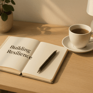 A calm UK-style workspace with journal, tea and soothing colours representing building resilience and emotional well-being.