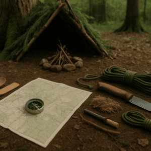Bushcraft fundamentals course banner showing shelter building, firecraft tools, map, compass and natural woodland setting.