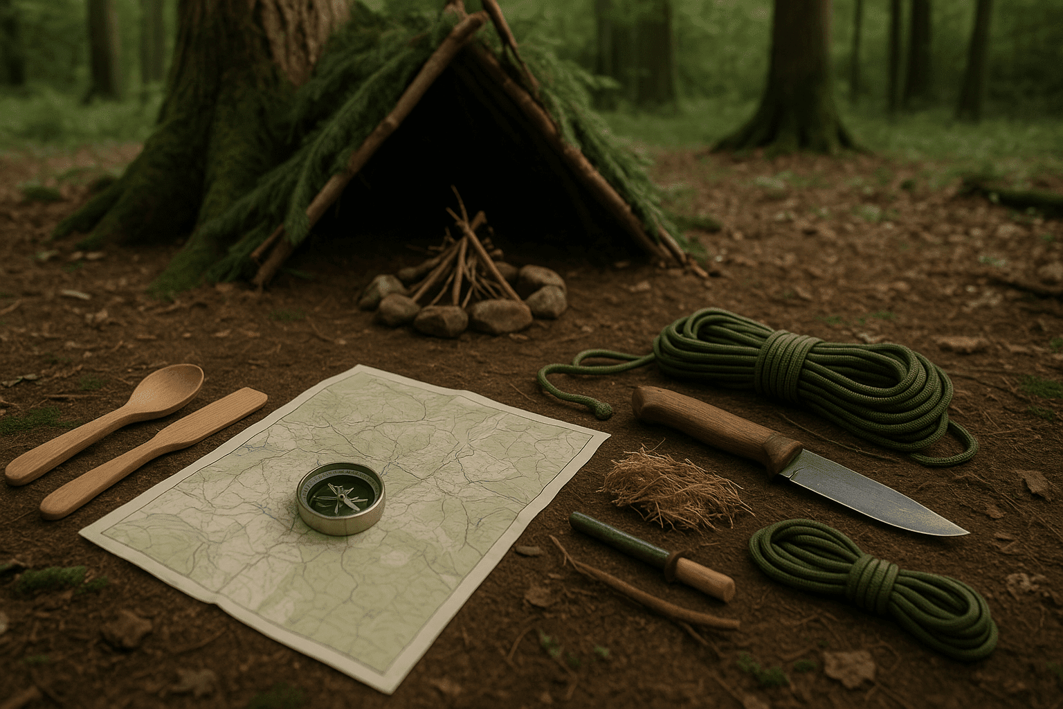 Bushcraft fundamentals course banner showing shelter building, firecraft tools, map, compass and natural woodland setting.