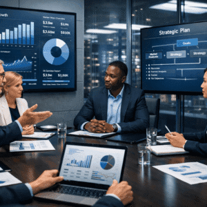 Professional managers in a modern office learning business acumen training through financial charts and strategic planning tools