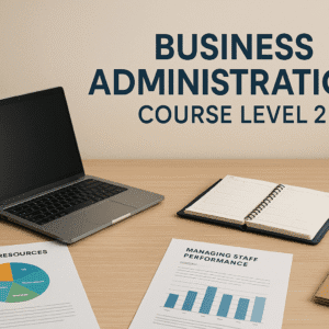 Modern office desk with laptop, documents, HR charts and planner, representing Business Administration Course Level 2.